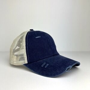 Women's‎ PonyTail Hat Blue Washed Denim Criss Cross Mesh Baseball Cap